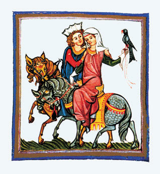 Wernher von Teufen mit seiner Dame auf Falkenjagd<br>Liederhandschrft 1330, 17 x 19,5 cm                                                                     
                      <br>Art.-Nr. B216 - 4,95 Euro - 6,95 sfr