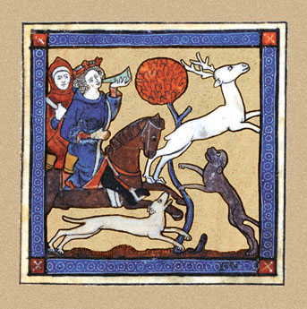 König Artus jagt den weißen Hirsch<br>Aus der Pergamentschrift des Romans                                                                     
                      <br>Érec et Énide von Chretien de Troyes, 13. Jh., Paris.                                                                     
                      <br> 17 x 19,5 cm - B217 - 4,95 Euro - 6,95 sfr